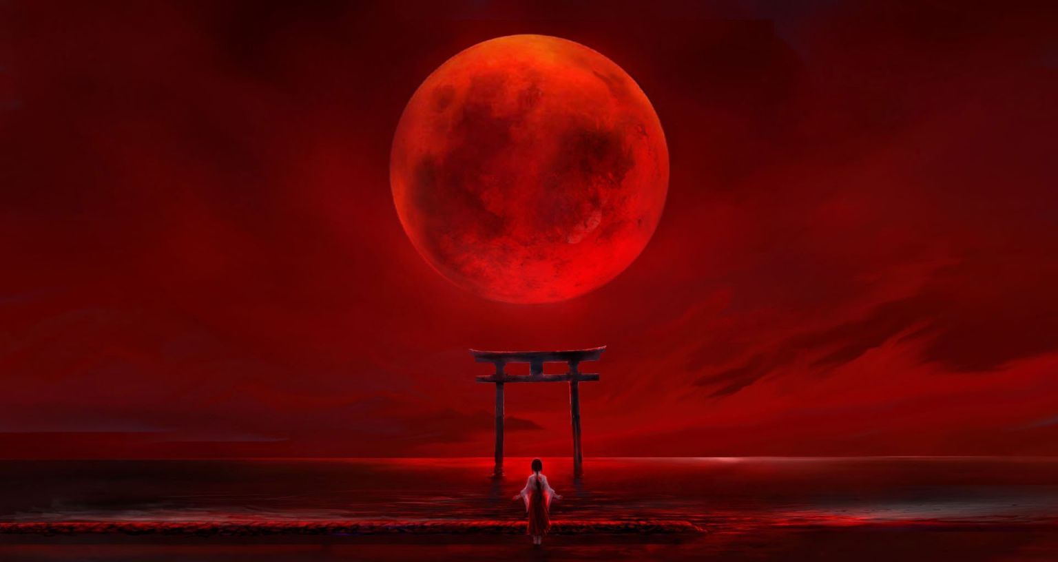 Красное небо с луной